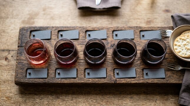 Color variation visible from above as the wine flight rests on the tasting board &ndash; High-Angle Flat Lay | Wine Tasting Flight Photography