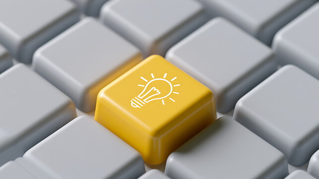 Bright yellow key with light bulb icon on computer keyboard, close up shot showcasing concept of innovative idea and creative solution