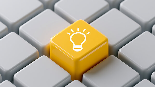A vibrant yellow key with a white lightbulb icon stands out among gray computer keyboard buttons representing innovative ideas and success