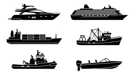 Fototapeta premium Set of Six Diverse Ship Silhouettes: Yacht, Cruise Liner, Cargo, Fishing, Tug, Speedboat