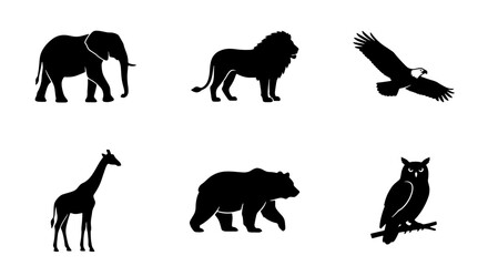 Obraz premium African Wildlife Silhouettes: Elephant, Lion, Giraffe, Bear, Eagle, Owl Icons Set