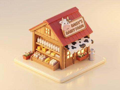 Isometric Miniature Wooden Dairy Farm Building Displaying Fresh Milk Bottles and Cheeses for Organic Food Market Concept