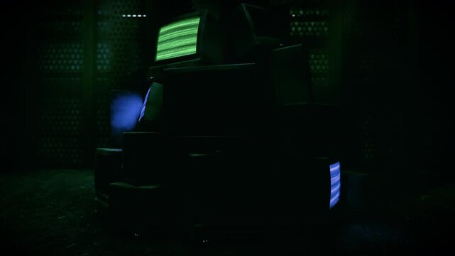 3Dアニメーション　カラフルに明滅する廃棄されたブラウン管テレビの山　定点ループ