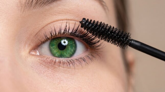 Close up of a woman applying black mascara to her long eyelashes with a professional makeup brush
