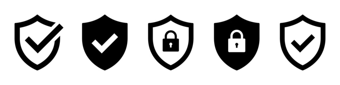Shield with check mark and lock icon set. Security, padlock, protection, approve, checkmark, tick, accept, green collection - stock vector.