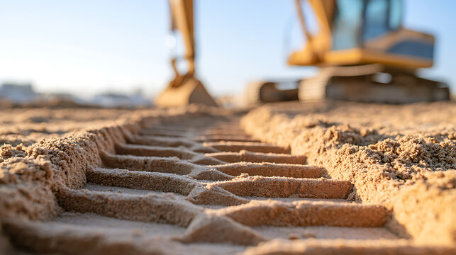 Excavator tracks tread marks deeply impressed into construction site sand and earth surface with heavy machinery background during daylight work