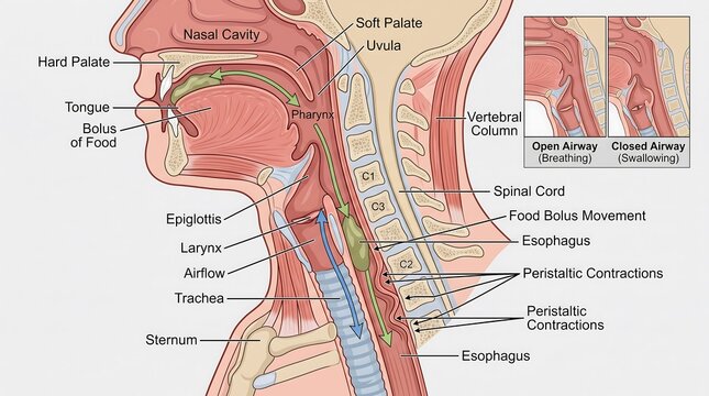 Educational medical illustration of human neck anatomy detailing the swallowing process and throat structures.