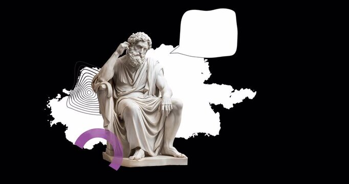 Transparent alpha channel motion graphic featuring a classical Greek philosopher statue animation with fluffy clouds, abstract shapes, and a popping speech bubble callout. Creative vaporwave aesthetic