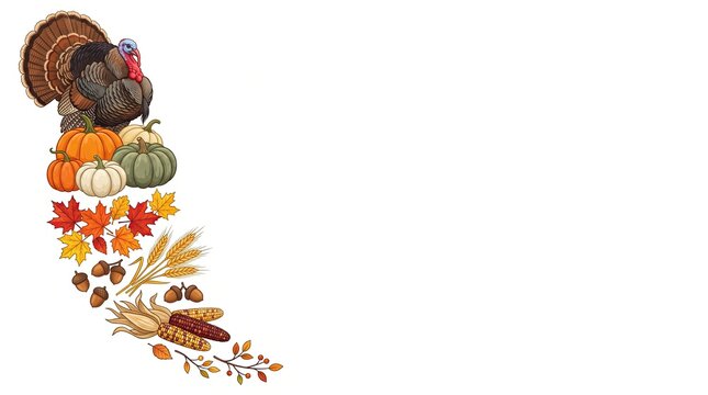 Watercolor illustration of a thanksgiving turkey with pumpkins and autumn leaves on a white background