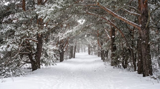 Snowy winter forest path with pine trees. Enchanting woodland trail covered in white snow. Scenic frozen nature landscape for seasonal backgrounds.