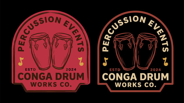 Percussion events vintage badge design. Conga drum illustration for music festival. Retro patch with hand percussion instrument. Musical note graphic for t shirt print.
