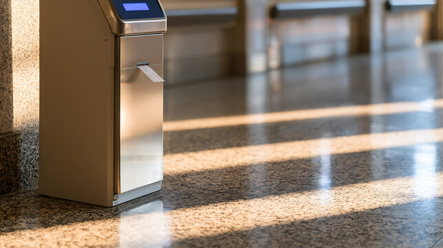 Modern electronic ticket dispenser machine dispense paper receipt in a public hall with sunlight pattern on marble floor for transit system