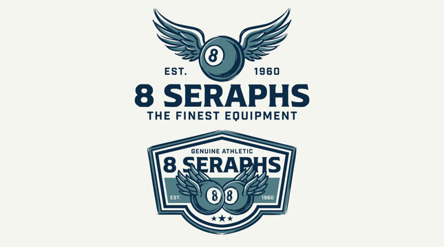 Billiard 8 ball vintage logo set. Winged sports emblem for t shirt print design. Retro athletic shield badge illustration. Classic pool hall branding graphic.
