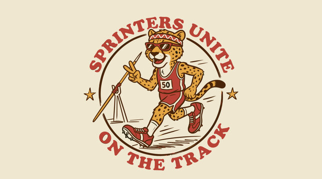 Sprinters unite on the track. Vintage cheetah mascot running fast illustration. Retro athletic club logo design for apparel. Funny cheetah character wearing sunglasses.