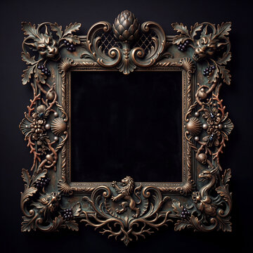Ornate bronze frame with lion grapes and shells on black