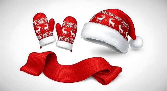 Red reindeer pattern winter mittens, hat, and scarf set on snowy background