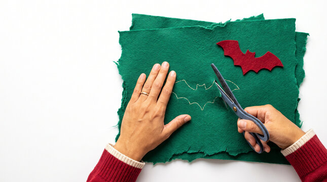 Cutting out paper bats from green felt with scissors on a white surface  