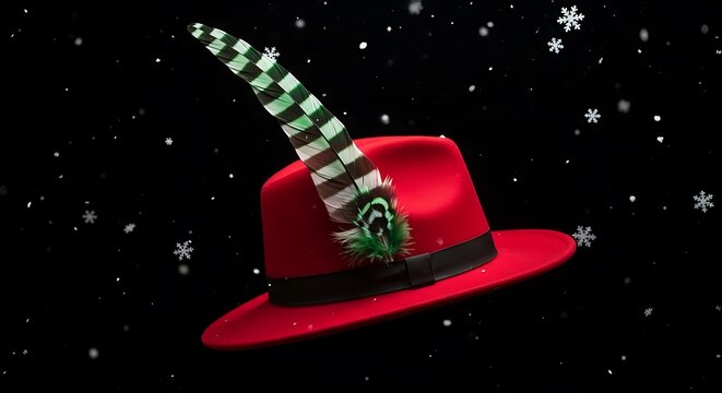 Red witch hat with feather and snowflakes in dark space background