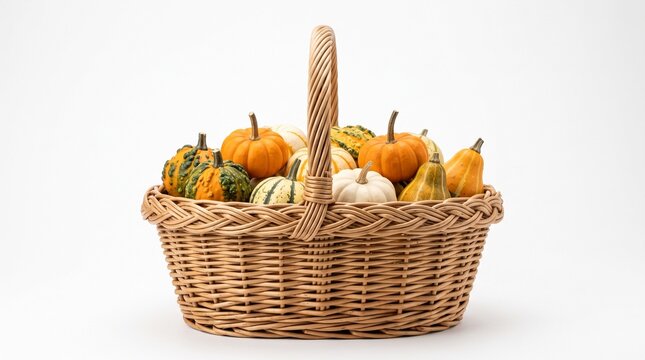 pumpkins basket autumn fall harvest gourds squash wicker decor decoration seasonal orange white green striped wickerwork handle wooden woven patch on transparent background