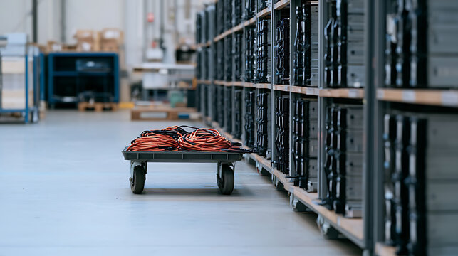 Industrial warehouse interior with metal storage shelves full of electronic hardware equipment and a small cart carrying orange cables on the floor