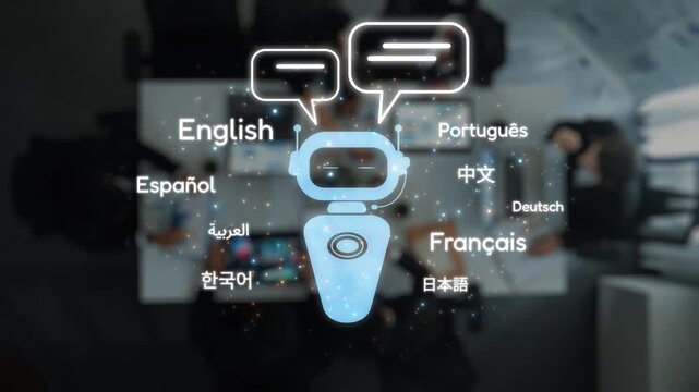 Concept of multilingual communication with chatbot technology featuring language icons in a modern digital environment. Raster.