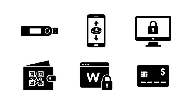 Digital Security Icons: Cryptocurrency, Wallet, USB, Computer, Mobile, Card