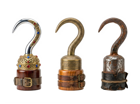 Three different pirate hooks isolated on transparent background, ranging from ornate and jeweled to weathered and rusted, representing various levels of status