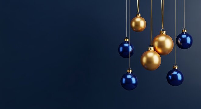 Golden and blue shiny christmas baubles hanging from gold ribbons