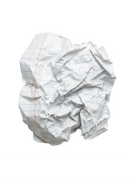 A crumpled piece of lined notebook paper isolated on transparent background