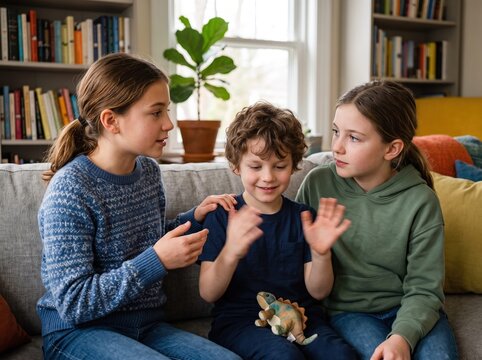 caring girl supporting her brother flapping hands while talking to a friend on living room sofa
