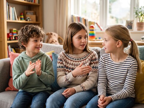 three happy children sitting on living room sofa talking and communicating with hand gestures together