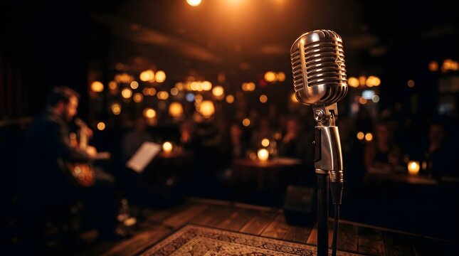 Shiny classic microphone on dark stage for live vocal event.