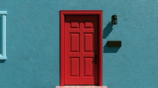 A vibrant red front door stands against a bright teal textured wall in daylight. This image symbolizes home security and entry for architectural design concepts.