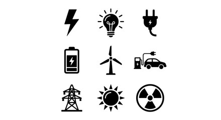 Fototapeta premium Energy Icons Set: Electricity, Solar, Wind, Battery, Electric Car, Nuclear Power