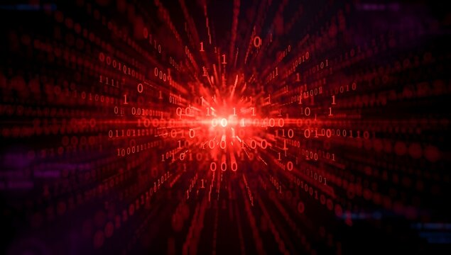 Red digital data burst with glowing central signal, cybersecurity threat concept, high speed information flow and futuristic network technology visualization on dark background