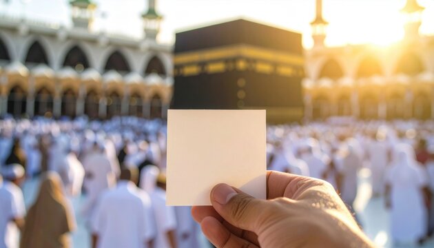 Pilgrim at Kaaba in Mecca holding blank paper for message at Hajj symbolizing spiritual reflection, devotion and religious pilgrimage event