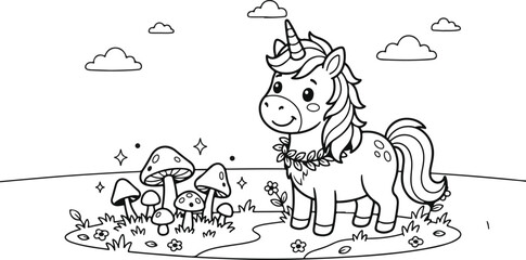Fototapeta premium Unicorn and mushrooms illustration with clouds a line drawing for coloring