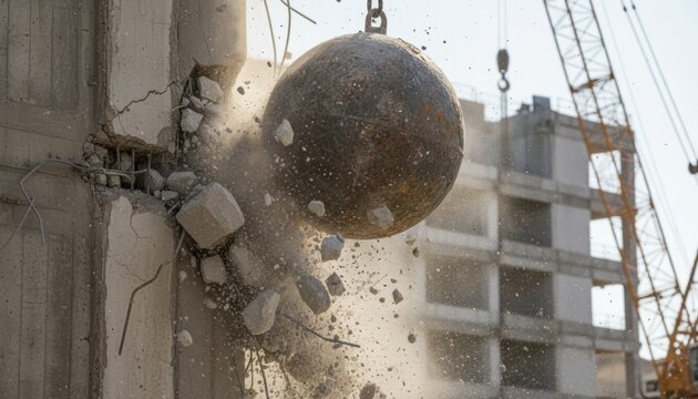 A heavy swinging wrecking ball strikes a concrete wall sending debris outward and capturing the powerful motion energy and transformation of an active demolition scene