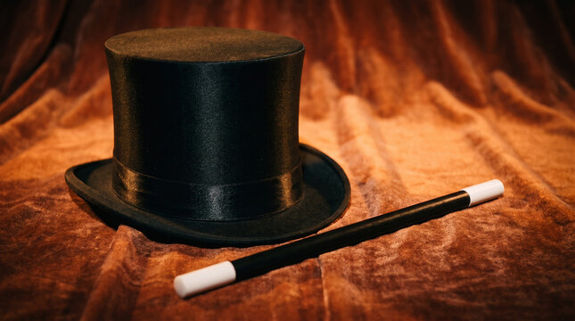Black glitter top hat and magic wand on a textured brown velvet background