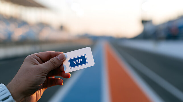 Close up of person hand holding white plastic card with blue sign text vip access pass over blurred stadium race track in background outdoor