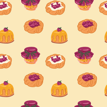 Autumn sweets vector seamless pattern with orange marmalade jam jar pumpkin bundt cake and berry Danish pastry. Thanksgiving dessert food background on milk backdrop for cafe bakery menu