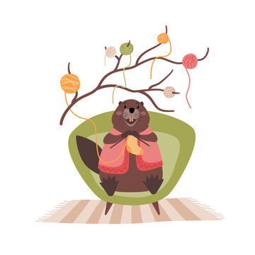 Cute beaver wearing vest sits in armchair and knits socks with yarn hanging from branches. Vector isolated illustration for handmade craft, hobby,seasonal design.