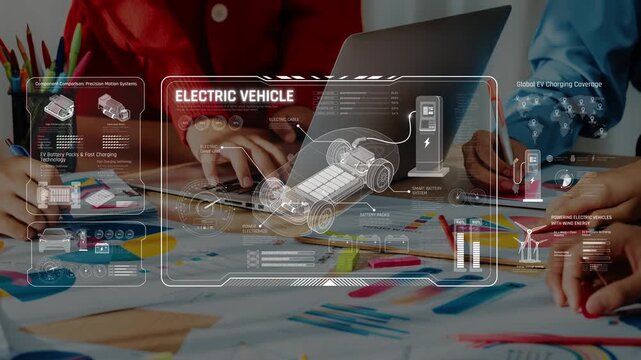 Team of professionals engaged in electric vehicle development, showcasing digital interfaces and charts on a modern workspace, promoting sustainable automotive solutions. Raster