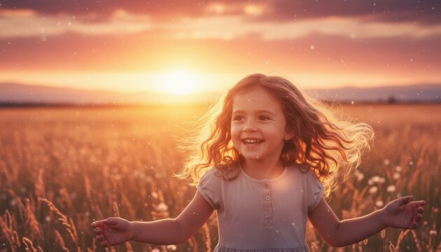 Young girl with curly hair dancing with arms outstretched in a sunlit field of wild flowers during a warm summer golden sunset