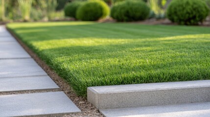 Obraz premium Green lawn with neatly trimmed grass and stone pathway leading through a landscaped garden, featuring rounded shrubs and a clear blue sky above