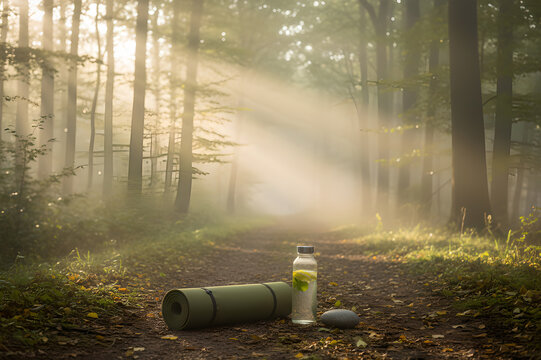 Atmospheric forest yoga mat and water bottle, morning sun rays in misty woods, wellness and meditation concept