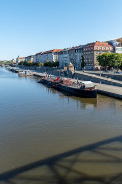 Podskal&iacute; area in Prague along the Vltava River, near Jirasek and Railway bridges, documenting the contemporary cityscape of a historic riverside settlement.