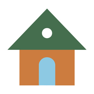 Minimalist cabin icon with a symmetrical house silhouette and arched doorway in flat design style, home and real estate concept