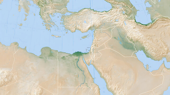 Detailed topograph map of the Middle East region highlighting the Mediterranean Sea and surrounding countries with borders for geography study