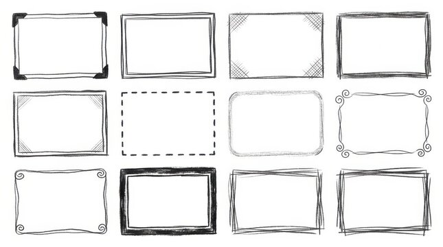 Set of hand drawn sketch picture frames isolated on a transparent background